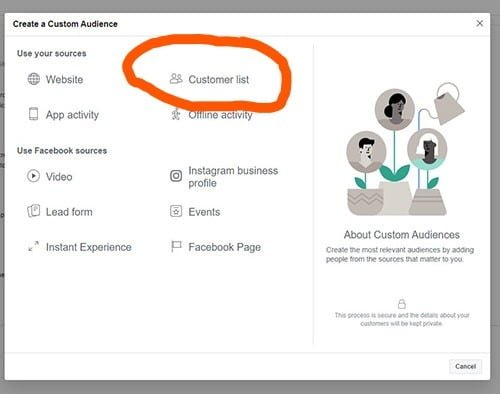 customer list facebook ad